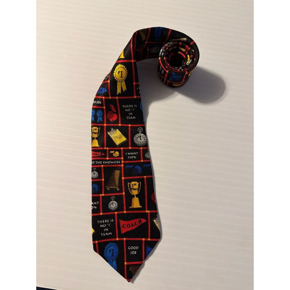 Vintage RM Style Ralph Martin Sports Novelty Silk Tie Coach Team Graphics 55”